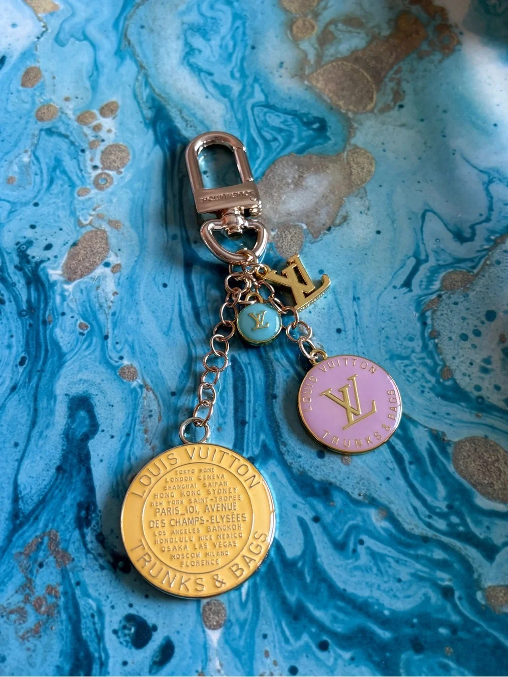Louis Vuitton Pink & Gold Medallion Key Charm with Blue Accent